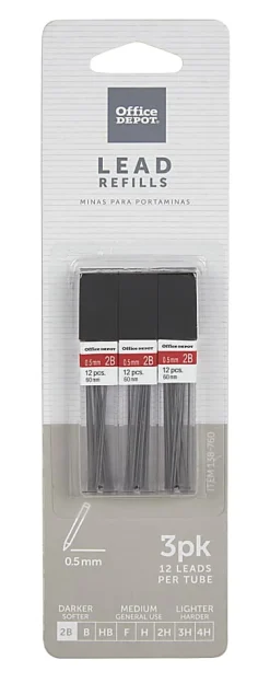 Office Depot® Brand Lead Refills, 0.5 mm, 2B Hardness, Tube Of 12 Leads, Pack Of 3 Tubes