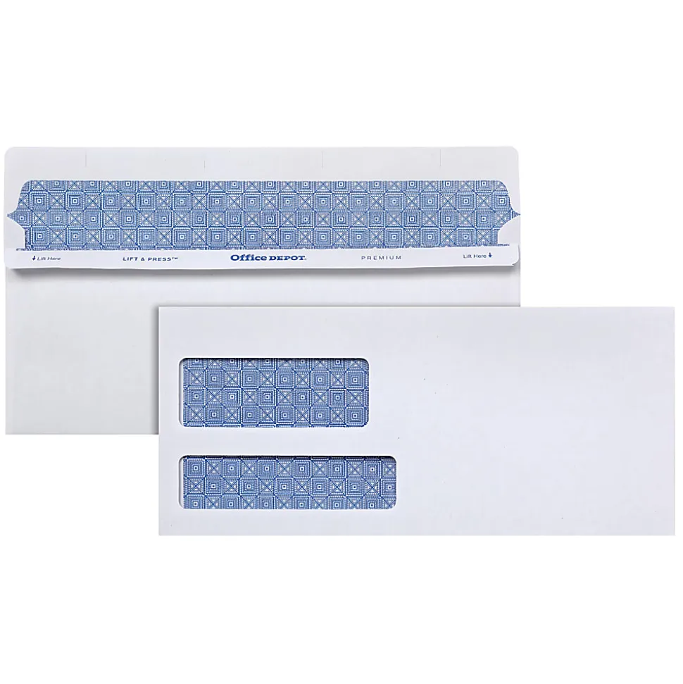 Office Depot® Brand #10 Lift & Press™ Premium Security Envelopes, Double-Window, Self Seal, 100% Recycled, White, Box Of 500