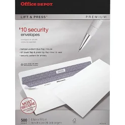 Office Depot® Brand #10 Lift & Press™ Premium Security Envelopes, Self Seal, 100% Recycled, White, Box Of 500