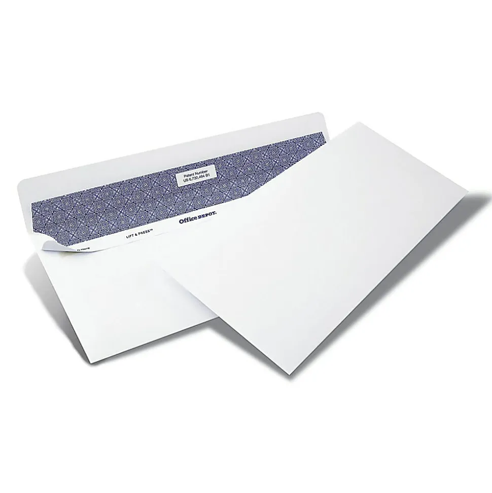 Office Depot® Brand #10 Lift & Press™ Premium Security Envelopes, Self Seal, 100% Recycled, White, Box Of 500