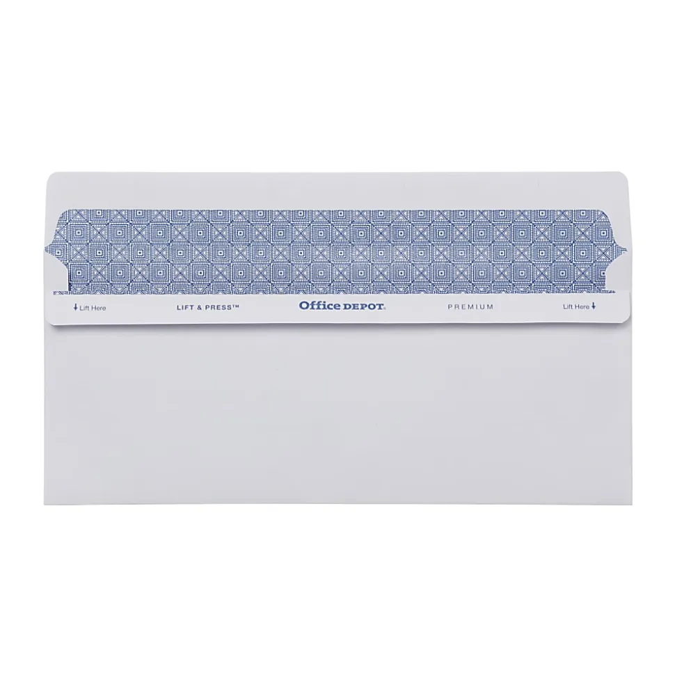 Office Depot® Brand #10 Lift & Press™ Premium Security Envelopes, Self Seal, 100% Recycled, White, Box Of 500