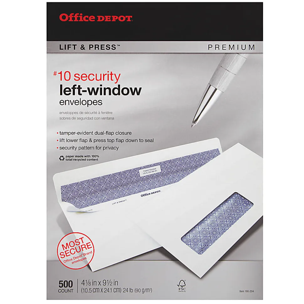 Office Depot® Brand #10 Lift & Press™ Premium Security Envelopes, Left Window, Self Seal, 100% Recycled, White, Box Of 500