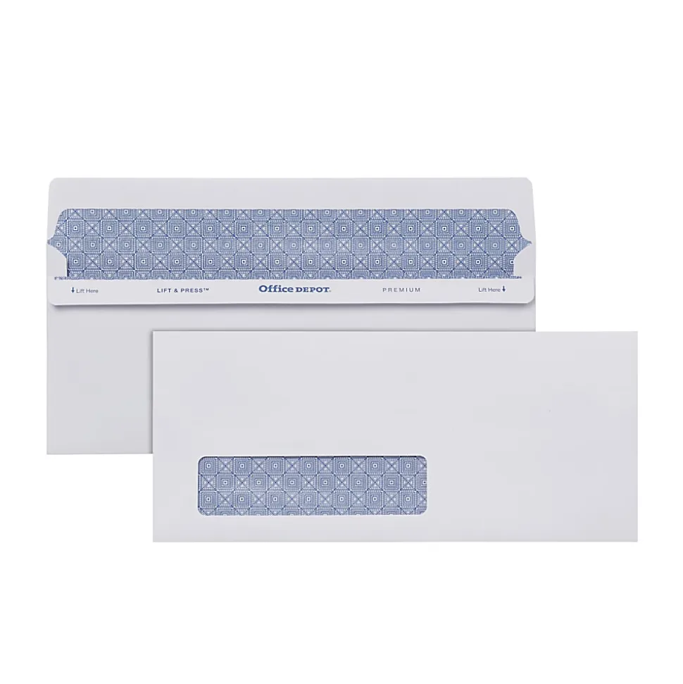 Office Depot® Brand #10 Lift & Press™ Premium Security Envelopes, Left Window, Self Seal, 100% Recycled, White, Box Of 250