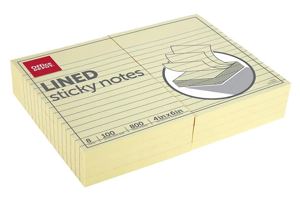 Office Depot® Brand Lined Sticky Notes, 4" x 6", Pastel Yellow, 100 Sheets Per Pad, Pack Of 8 Pads