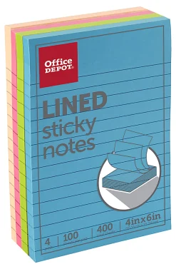 Office Depot® Brand Lined Sticky Notes, 4" x 6", Assorted Neon Colors, 100 Sheets Per Pad, Pack Of 4 Pads