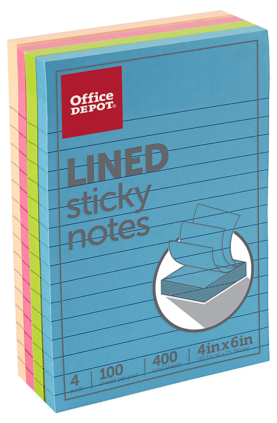 Office Depot® Brand Lined Sticky Notes, 4" x 6", Assorted Neon Colors, 100 Sheets Per Pad, Pack Of 4 Pads