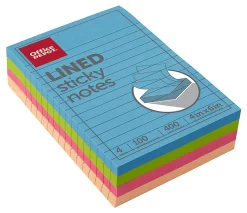 Office Depot® Brand Lined Sticky Notes, 4" x 6", Assorted Neon Colors, 100 Sheets Per Pad, Pack Of 4 Pads