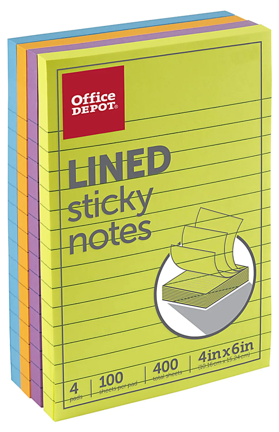 Office Depot® Brand Lined Sticky Notes, 4" x 6", Assorted Vivid Colors, 100 Sheets Per Pad, Pack Of 4 Pads