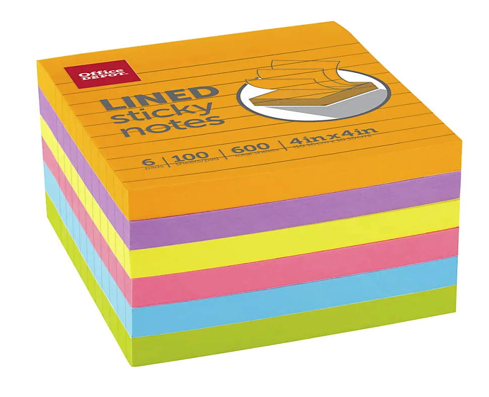 Office Depot® Brand Lined Sticky Notes, 4" x 4", Assorted Vivid Colors, 100 Sheets Per Pad, Pack Of 6 Pads