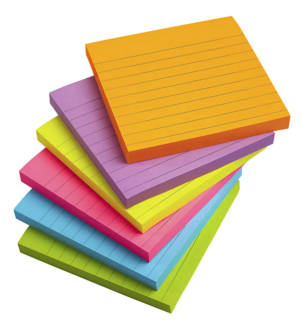 Office Depot® Brand Lined Sticky Notes, 4" x 4", Assorted Vivid Colors, 100 Sheets Per Pad, Pack Of 6 Pads