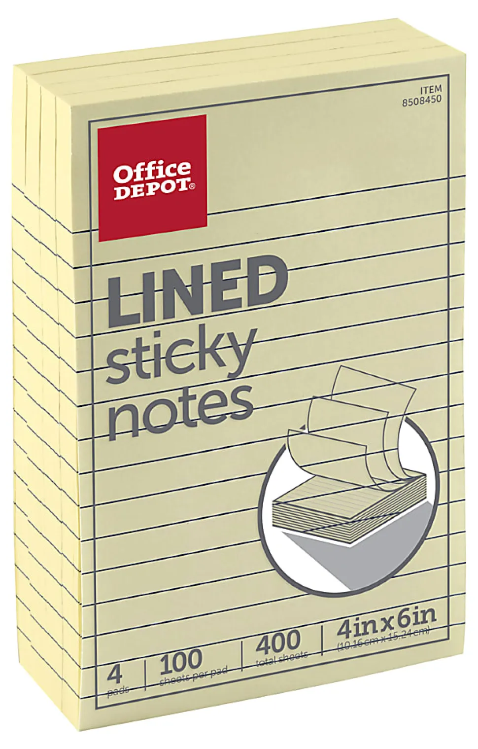 Office Depot® Brand Lined Sticky Notes, 4" x 6", Pastel Yellow, 100 Sheets Per Pad, Pack Of 4 Pads