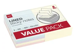 Office Depot® Brand Lined Sticky Notes, 4 in x 6 in, Assorted Pastel Colors, 100 Sheets Per Pad, Pack Of 8