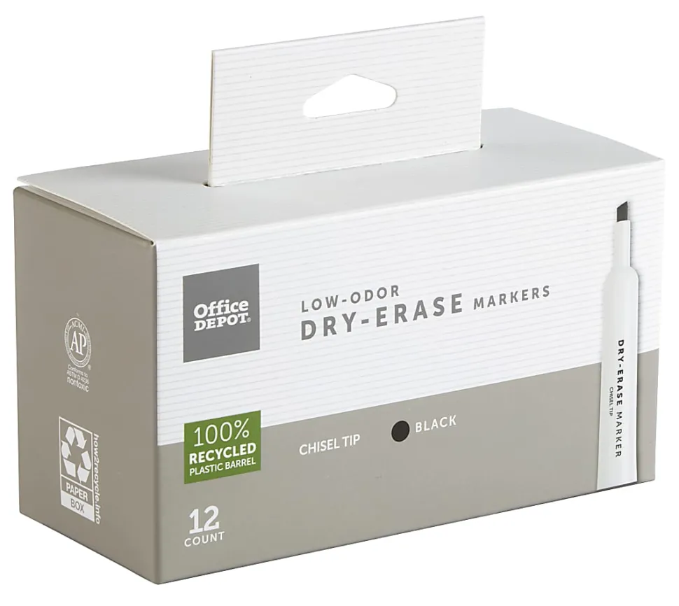 Office Depot® Brand Low-Odor Dry-Erase Markers, Chisel Point, 100% Recycled Plastic Barrel, Black, Pack Of 12