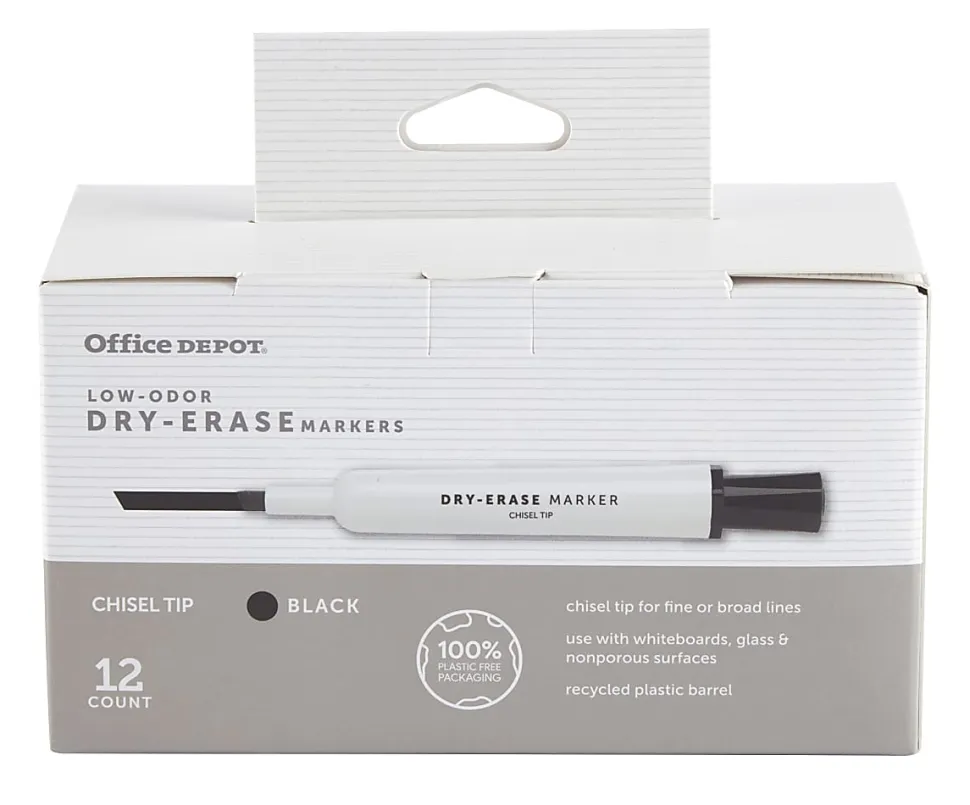 Office Depot® Brand Low-Odor Dry-Erase Markers, Chisel Point, 100% Recycled Plastic Barrel, Black, Pack Of 12