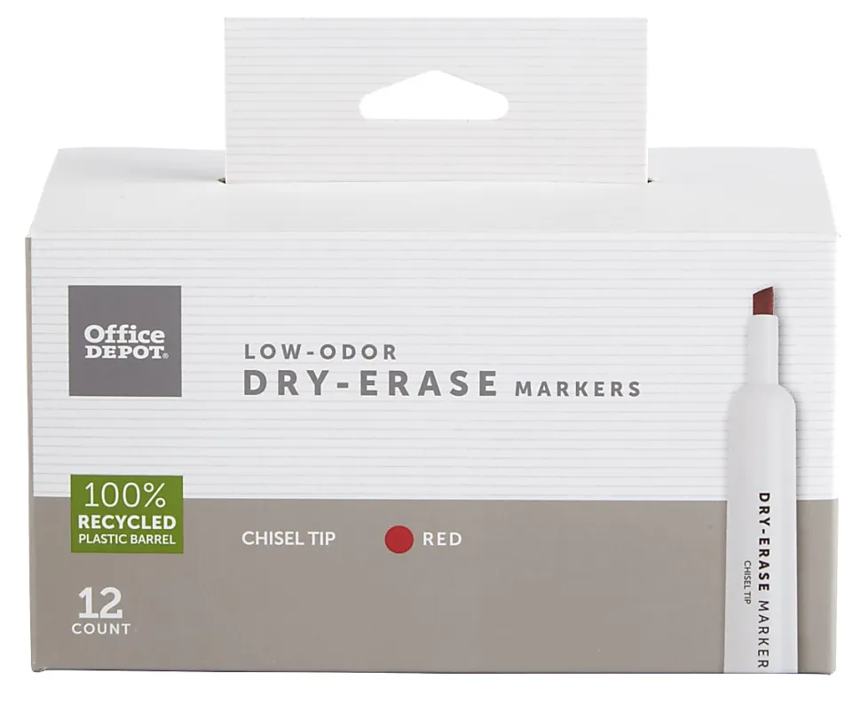 Office Depot® Brand Low-Odor Dry-Erase Markers, Chisel Point, 100% Recycled Plastic Barrel, Red, Pack Of 12