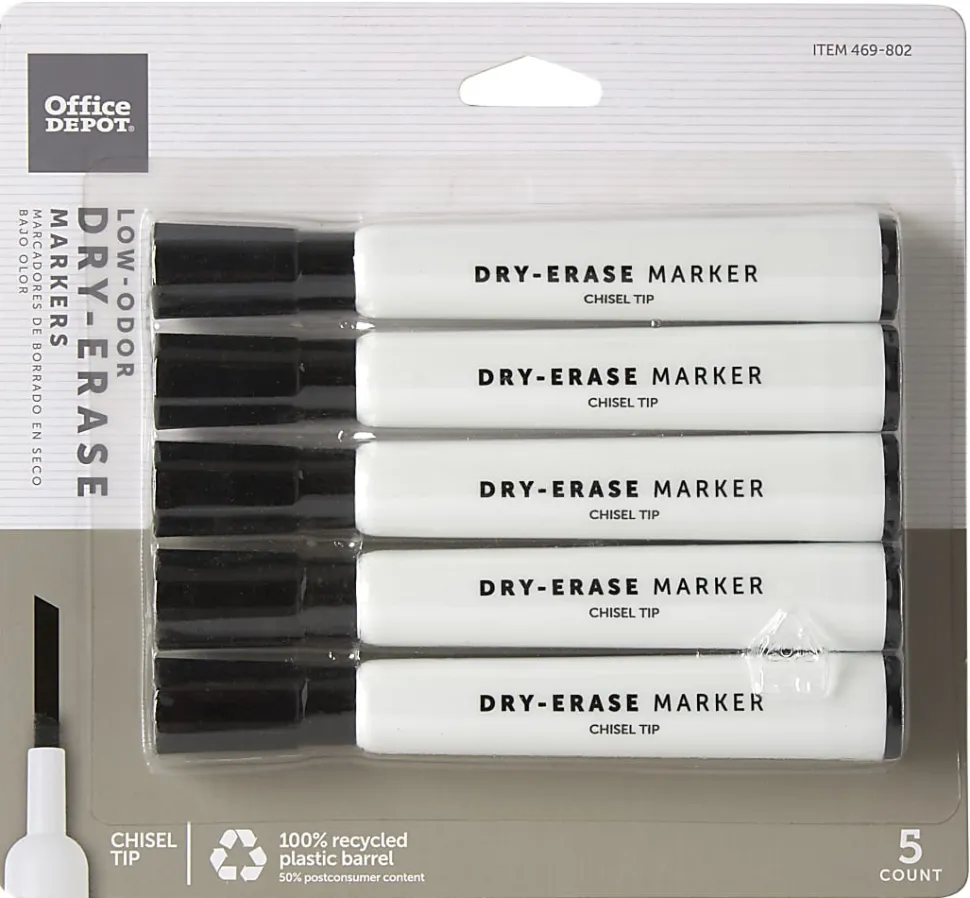 Office Depot® Brand Low-Odor Dry-Erase Markers, Chisel Point, 100% Recycled Plastic Barrel, Black, Pack Of 5