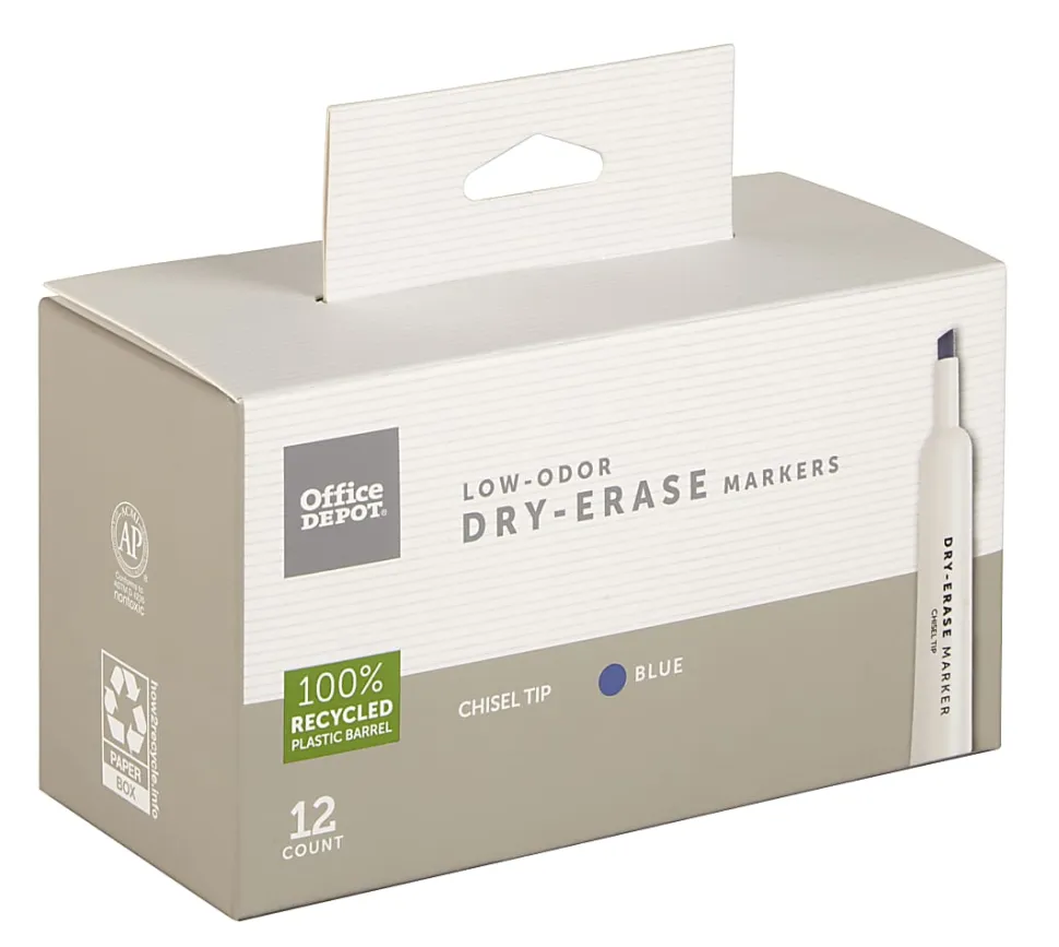 Office Depot® Brand Low-Odor Dry-Erase Markers, Chisel Point, 100% Recycled Plastic Barrel, Blue, Pack Of 12