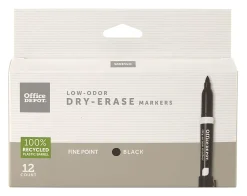 Office Depot® Brand Low-Odor Dry-Erase Markers, Fine Point, 100% Recycled Plastic Barrel, Black, Pack Of 12