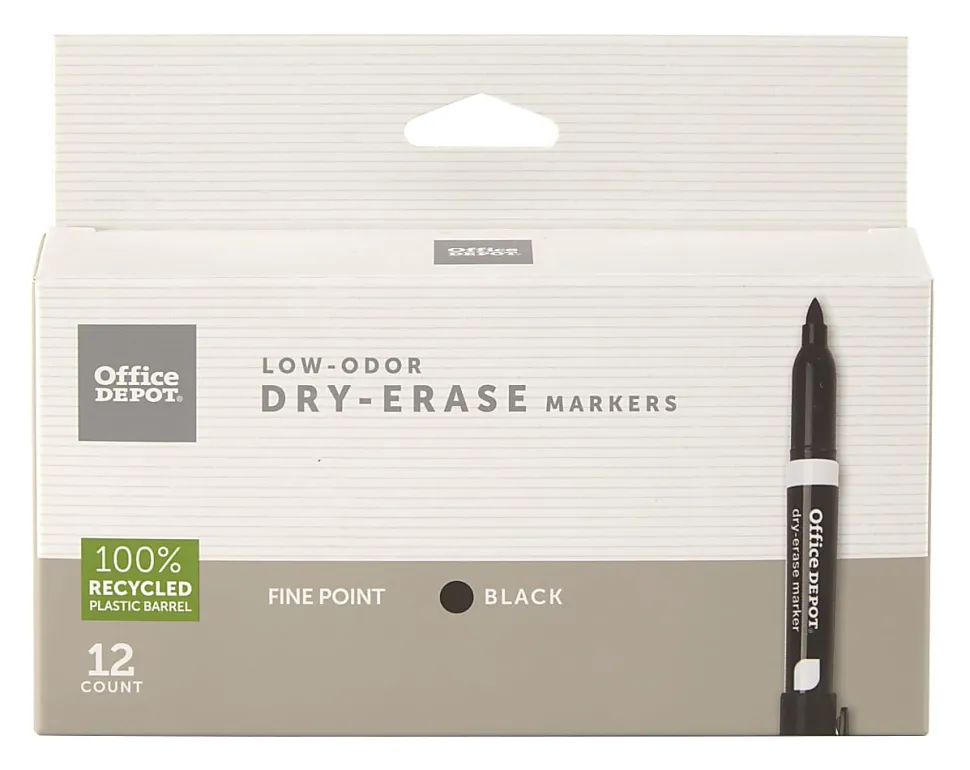 Office Depot® Brand Low-Odor Dry-Erase Markers, Fine Point, 100% Recycled Plastic Barrel, Black, Pack Of 12