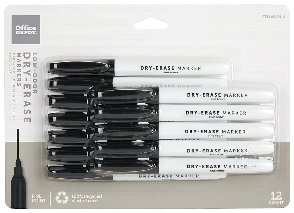 Office Depot® Brand Low-Odor Pen-Style Dry-Erase Markers, Fine Point, 100% Recycled Plastic Barrel, Black Ink, Pack Of 12