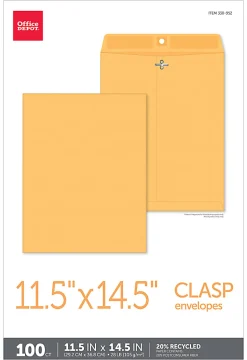 Office DepotĀ® Brand Manila Envelopes, 11-1/2" x 14-1/2", Clasp Closure, Brown Kraft, Box Of 100