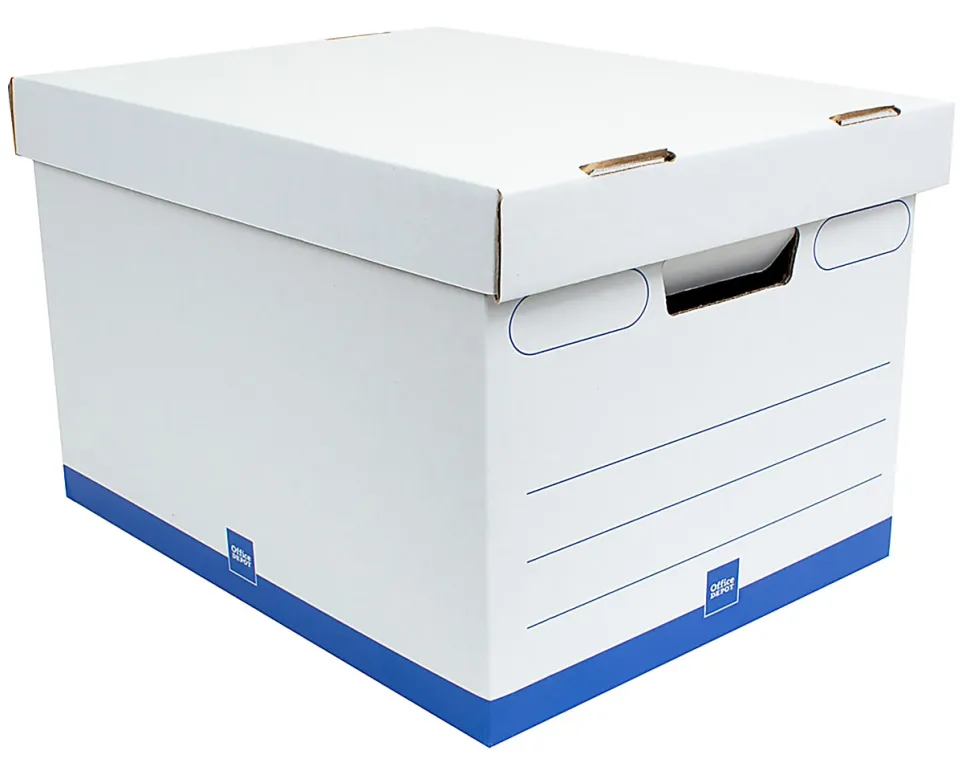 Office Depot® Brand Medium-Duty Storage Boxes, Letter/Legal Size, 15" x 12" x 10", White/Blue, Pack Of 12 - 0800306