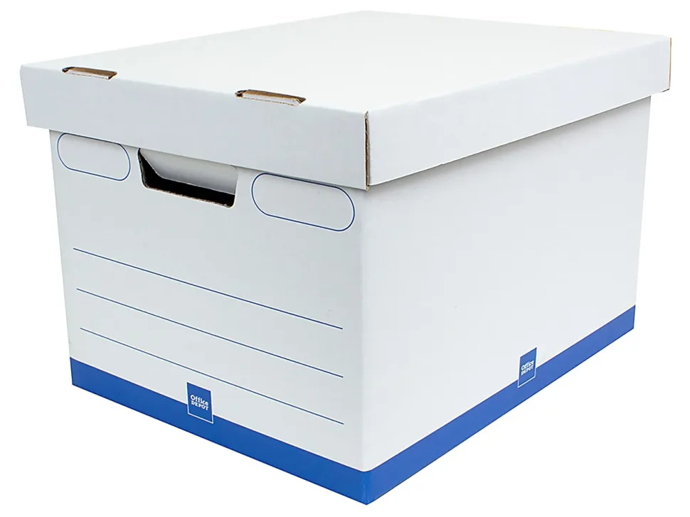 Office Depot® Brand Medium-Duty Storage Boxes, Letter/Legal Size, 15" x 12" x 10", White/Blue, Pack Of 12 - 0800306