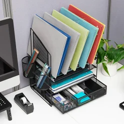 Office DepotĀ® Brand Mesh Desk Organizer With Vertical Storage And Pen Holders, 16"H x 12-3/4"W x 9-1/2"D, Black
