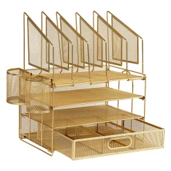 Office DepotĀ® Brand Mesh Desk Organizer With Vertical Storage And Pen Holders, 16"H x 12-3/4"W x 9-1/2"D, Gold