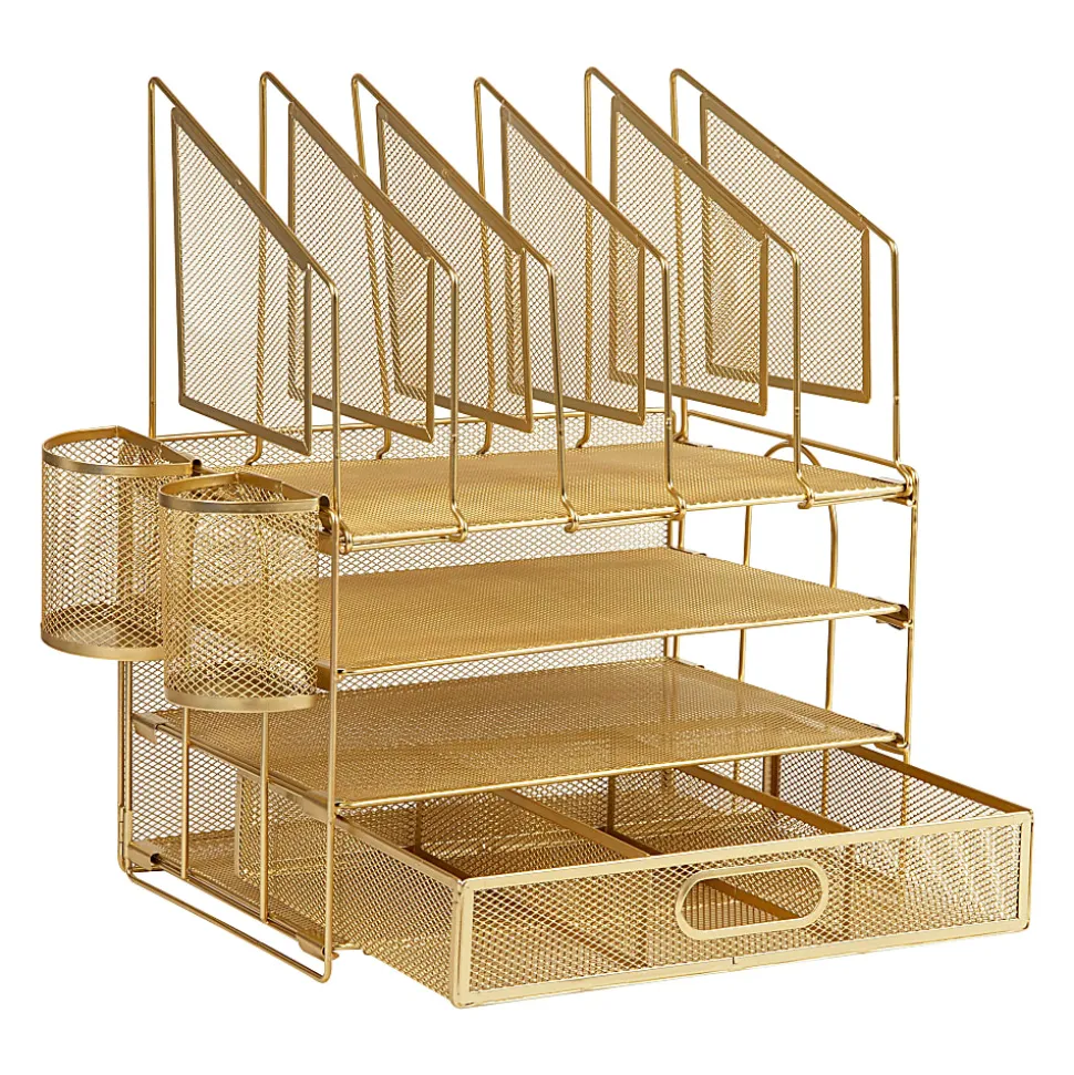 Office Depot® Brand Mesh Desk Organizer With Vertical Storage And Pen Holders, 16"H x 12-3/4"W x 9-1/2"D, Gold