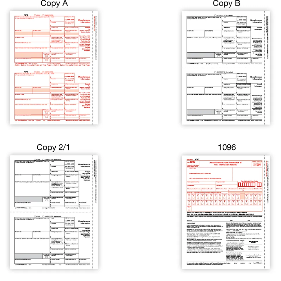 Office Depot® Brand 1099-MISC Laser Tax Forms And Envelopes, 4-Part, 2-Up, 8-1/2" x 11", Pack Of 10 Form Sets, 6101024