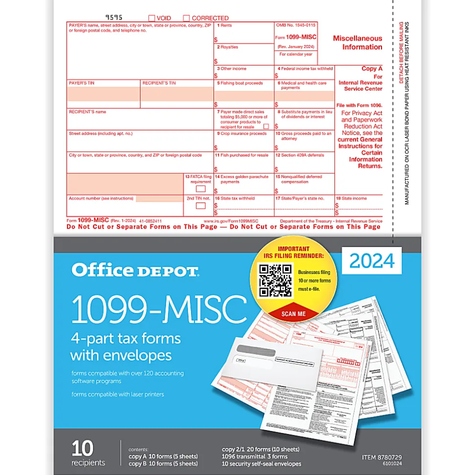 Office Depot® Brand 1099-MISC Laser Tax Forms And Envelopes, 4-Part, 2-Up, 8-1/2" x 11", Pack Of 10 Form Sets, 6101024