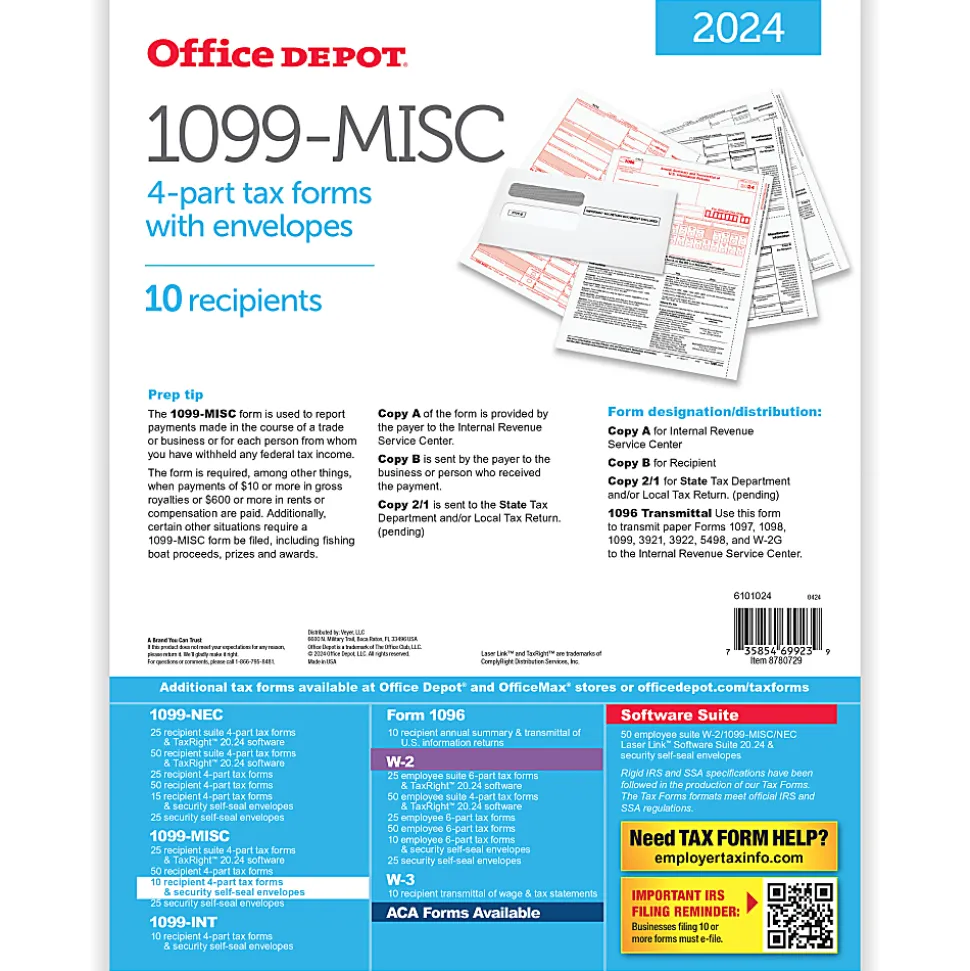 Office Depot® Brand 1099-MISC Laser Tax Forms And Envelopes, 4-Part, 2-Up, 8-1/2" x 11", Pack Of 10 Form Sets, 6101024