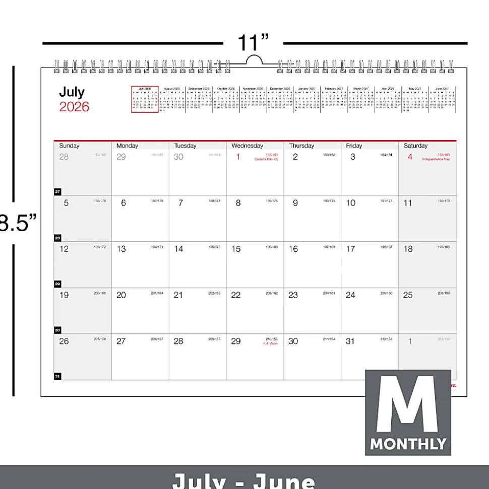 2026-2027 Office Depot® Brand Monthly Academic Wall Calendar, 11" x 8-1/2", 30% Recycled, July 2026 To June 2027