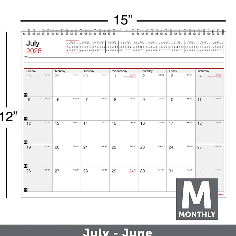 2026-2027 Office Depot® Brand Monthly Academic Wall Calendar, 15" x 12", 30% Recycled, July 2026 To June 2027
