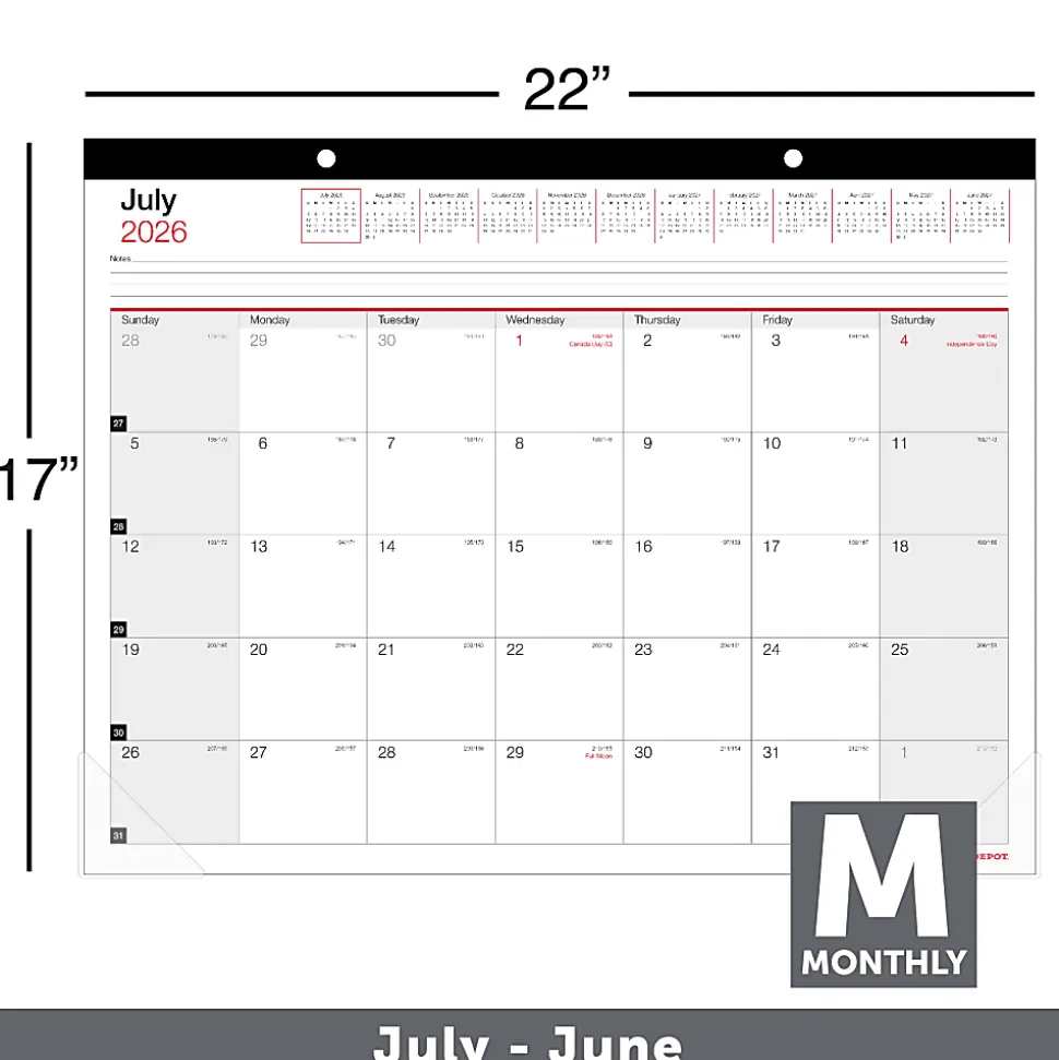 2026-2027 Office Depot® Brand Monthly Academic Desk Calendar, 22" x 17", 30% Recycled, July 2026 To June 2027
