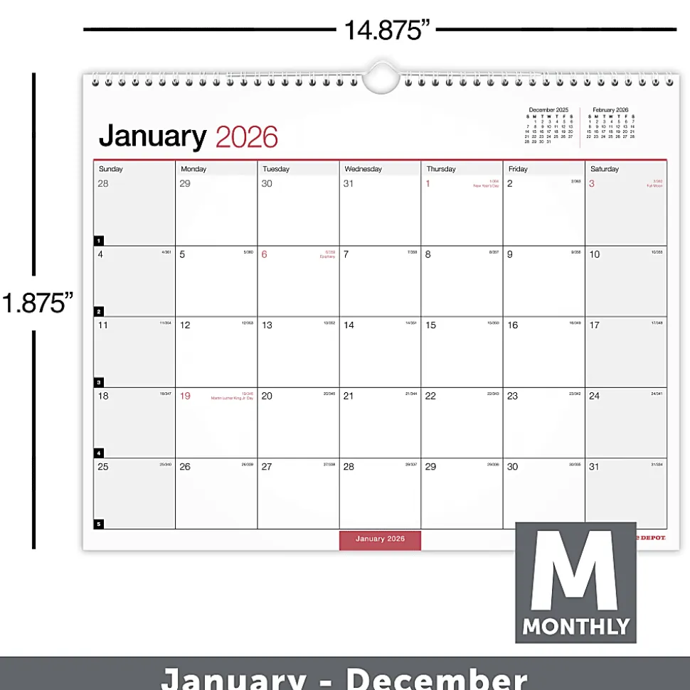 Office Depot Brand Monthly Wall Calendar, 15" x 12", White, January 2026 to December 2026, OD30242826
