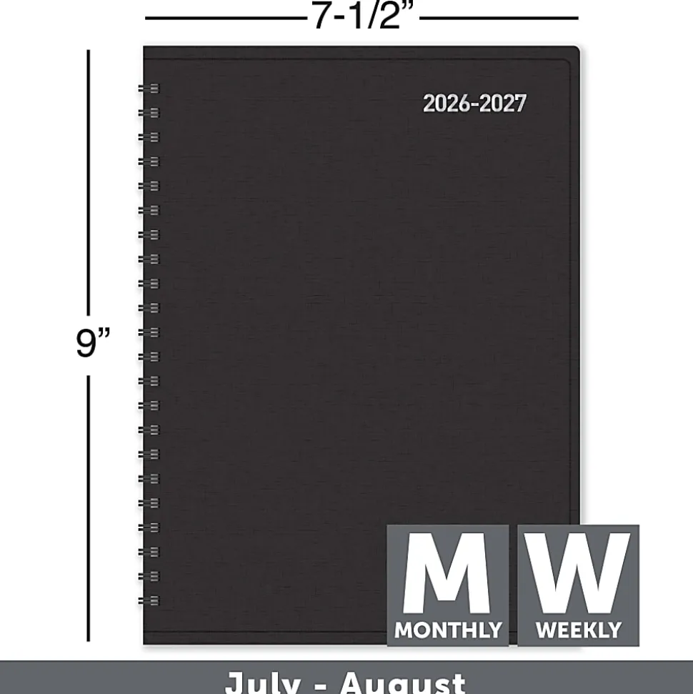 2026-2027 Office Depot® Brand 14-Month Weekly/Monthly Academic Planner, Vertical Format, 7-1/2" x 9", 30% Recycled, Black, July 2026 To August 2027