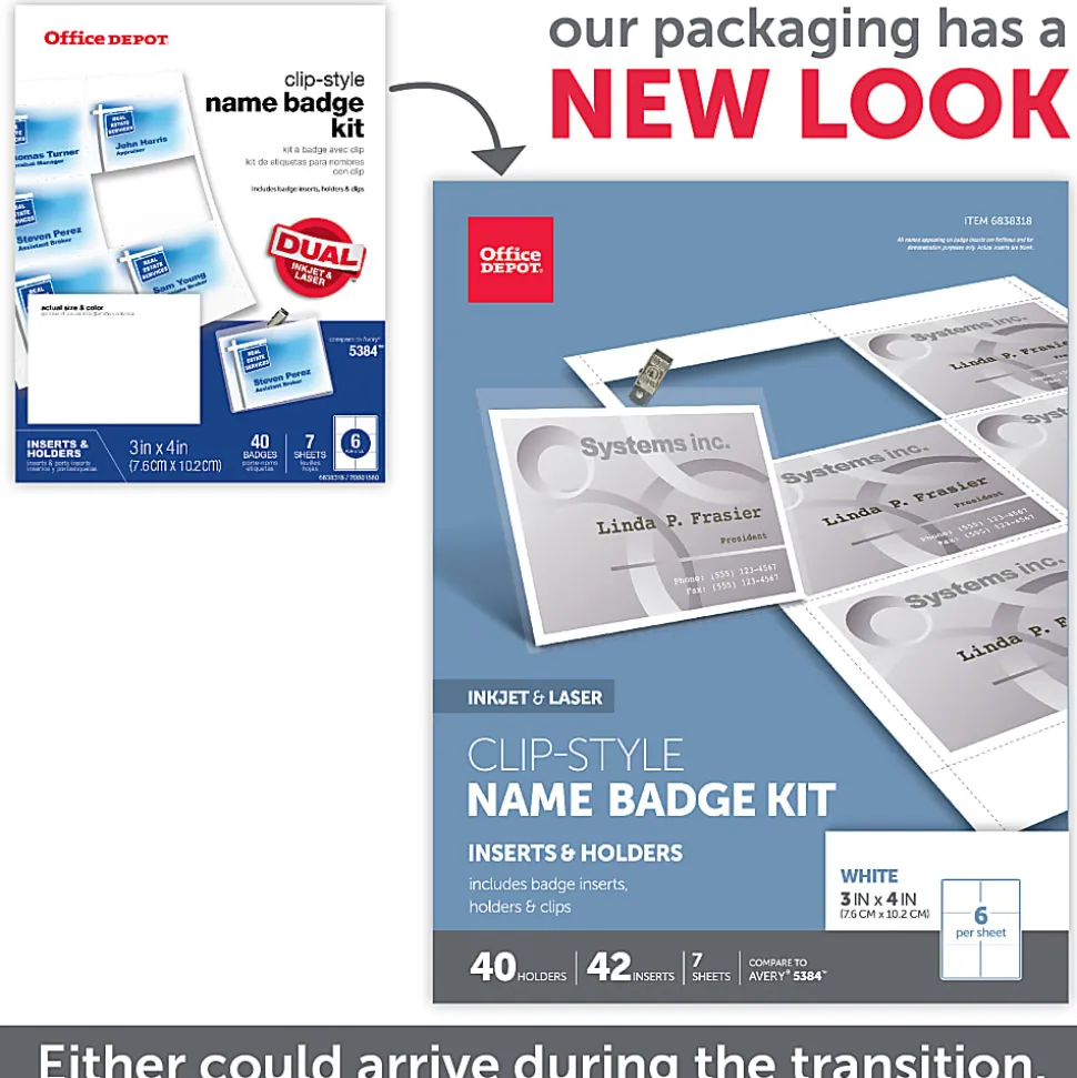 Office Depot® Brand Name Badge Kit, Clip-Style, Convention Size, 3" x 4", Pack of 40