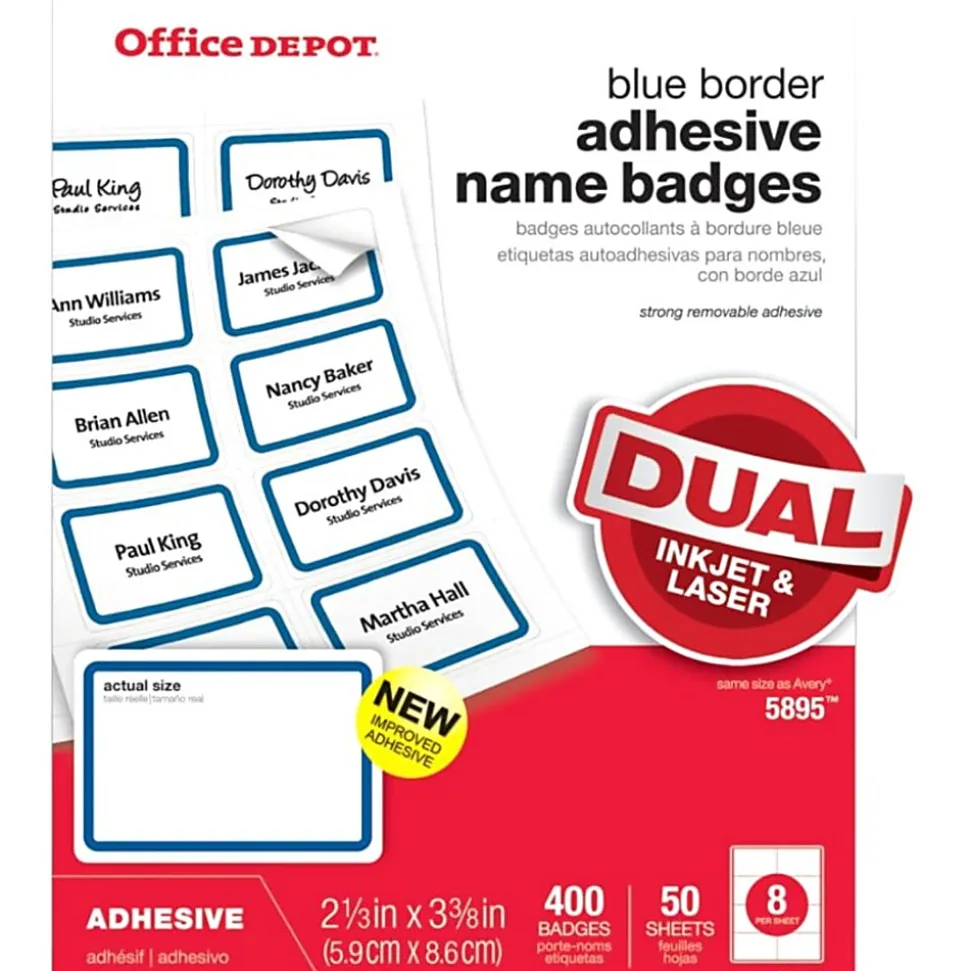 Office Depot® Brand Name Badge Labels, 2 1/3" x 3 3/8", Blue Border, Pack Of 400