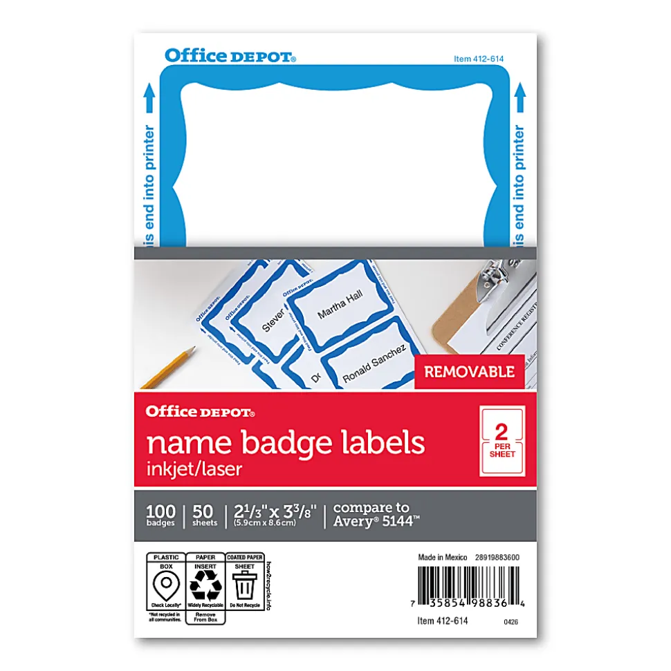 Office Depot® Brand Name Badge Labels, 2 11/32" x 3 3/8", Blue, Pack Of 100