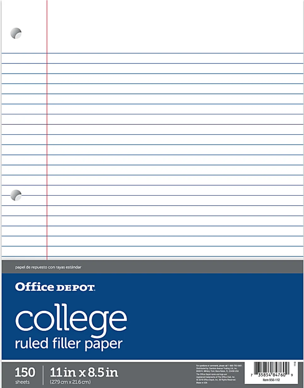Office Depot® Brand Notebook Filler Paper, College-Ruled, 8 1/2" x 11", 3-Hole Punched, White, Pack Of 150 Sheets
