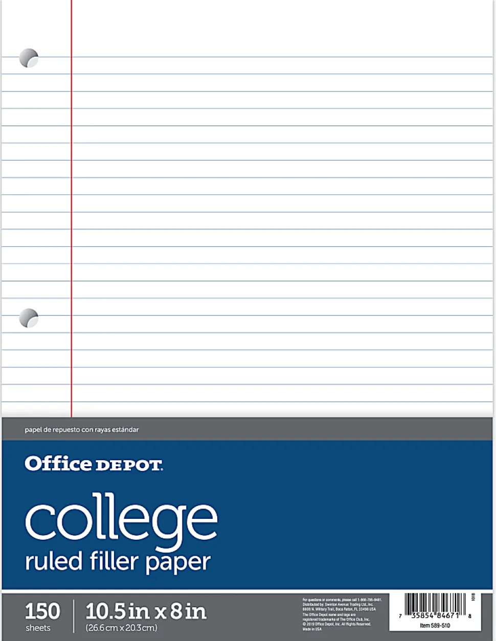 Office Depot® Brand Notebook Filler Paper, College-Ruled, 8" x 10 1/2", White, Pack Of 150 Sheets
