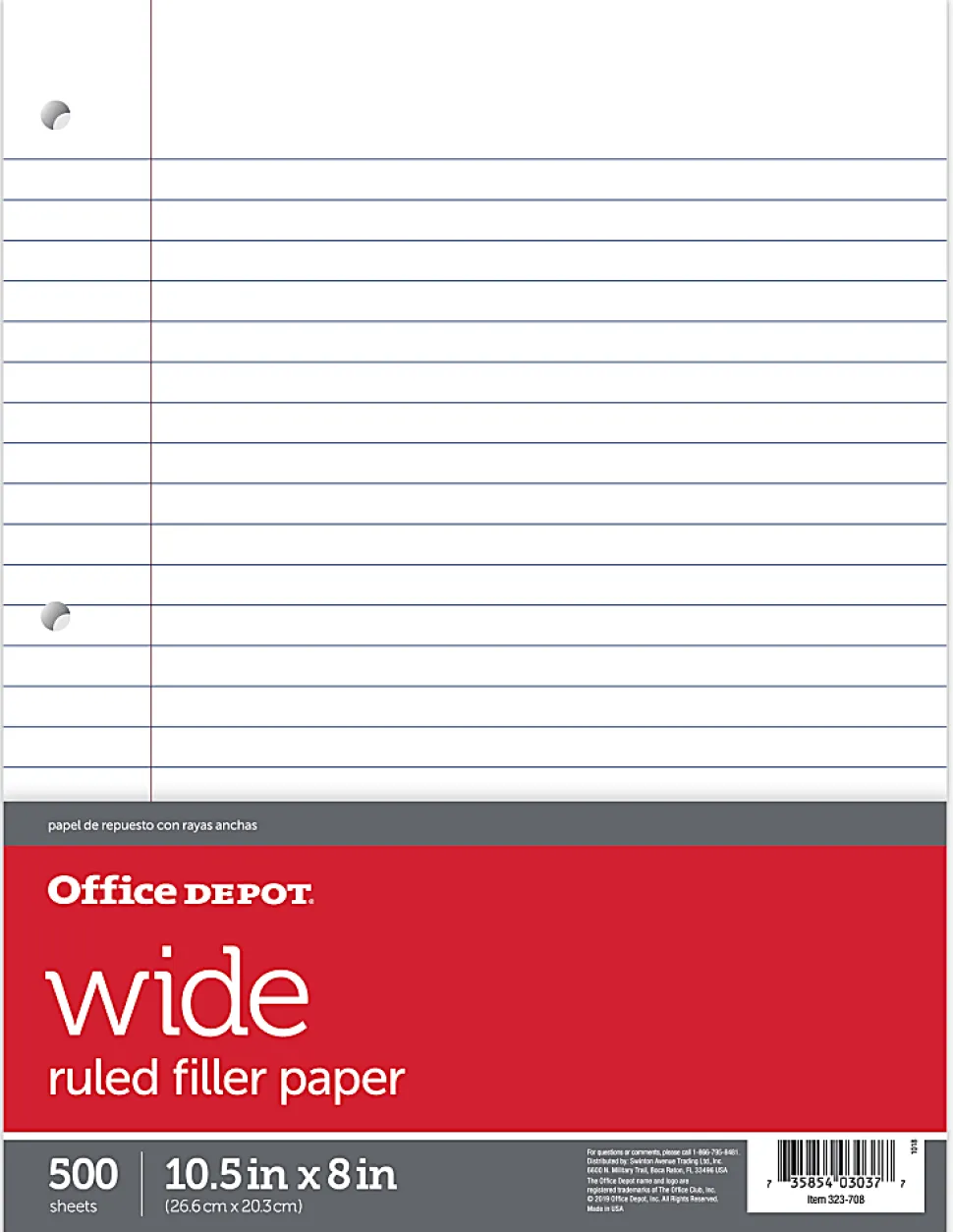 Office Depot® Brand Notebook Filler Paper, 8" x 10 1/2", Wide Ruled, Pack of 500 Sheets