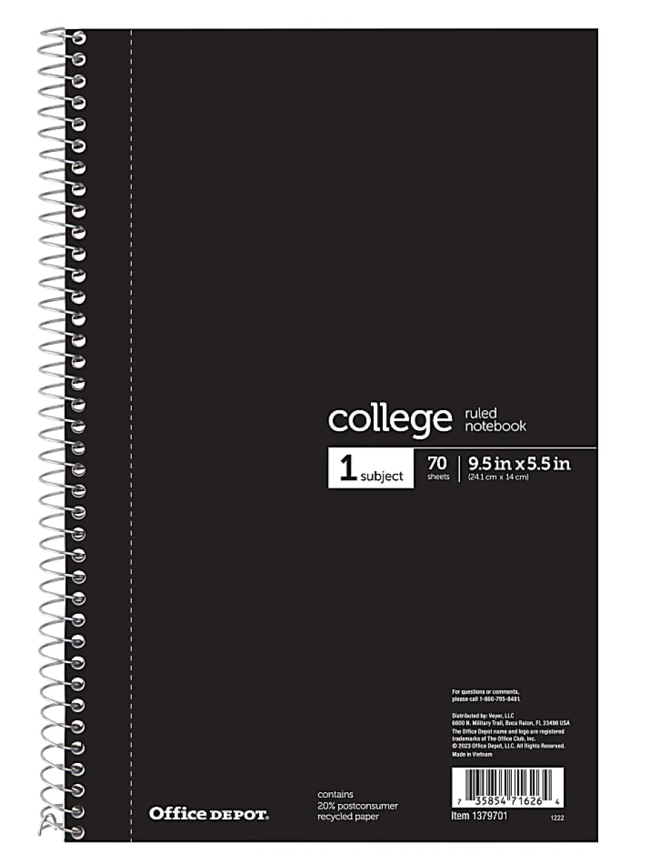 Office Depot® Brand Notebook, 6" x 9 1/2", 70 Sheets, College Ruled, Black