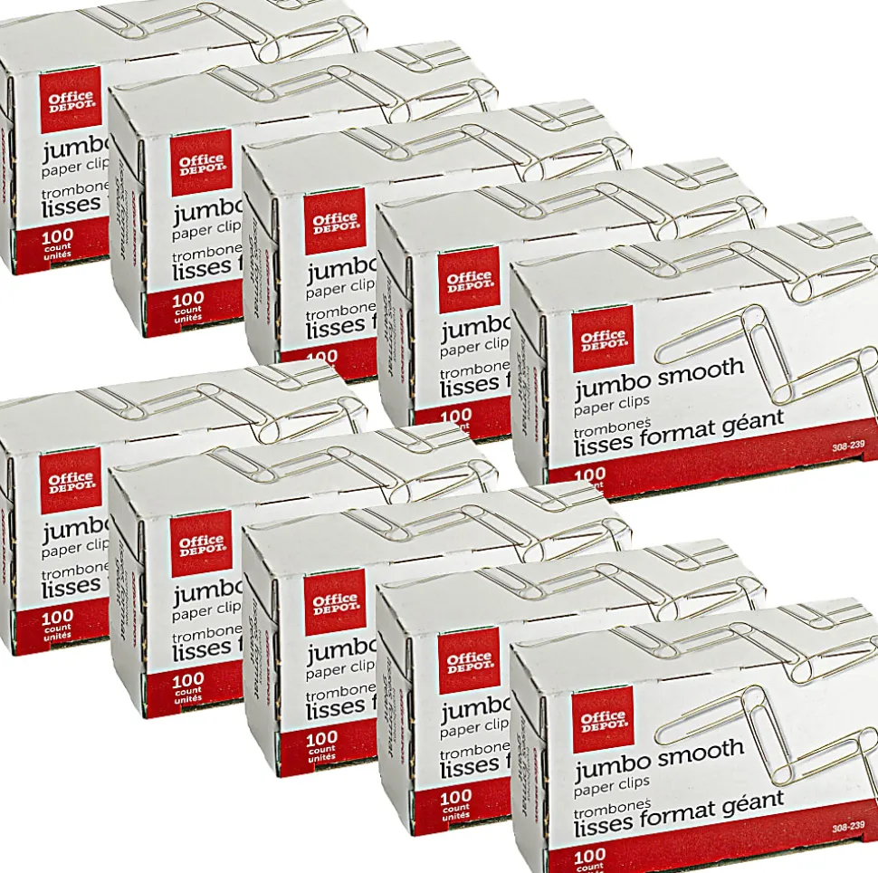 Office Depot® Brand Paper Clips, Jumbo, Silver, Pack Of 10 Boxes, 100 Clips Per Box, 1,000 Total