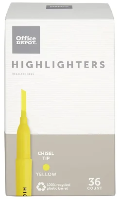 Office Depot® Brand Pen-Style Highlighters, Chisel Tip, 100% Recycled Plastic Barrel, Fluorescent Yellow, Pack Of 36