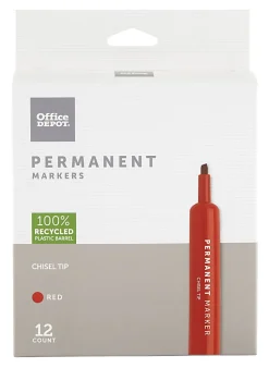 Office DepotĀ® Brand Permanent Markers, Chisel Point, 100% Recycled Plastic Barrel, Red Ink, Pack Of 12