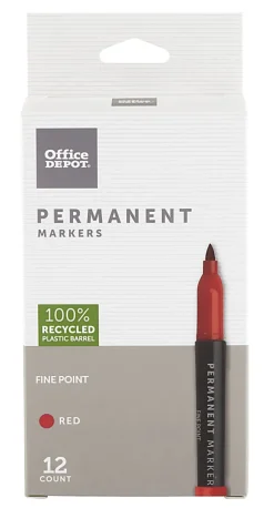 Office DepotĀ® Brand Permanent Markers, Fine Point, 100% Recycled Plastic Barrel, Red Ink, Pack Of 12