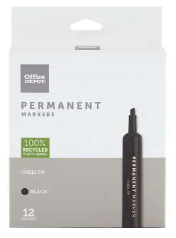 Office Depot® Brand Permanent Markers, Chisel Point, 100% Recycled Plastic Barrel, Black Ink, Pack Of 12